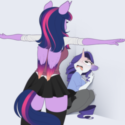 Size: 900x900 | Tagged: safe, artist:evehly, rarity, twilight sparkle, alicorn, unicorn, anthro, g4, adorable distress, asserting dominance, breasts, busty twilight sparkle, cicada block, clothes, colored wings, colored wingtips, cornered, cute, duo, faic, fear, female, floppy ears, folded wings, frown, gradient wings, mare, marshmelodrama, meme, miniskirt, open mouth, pantyhose, pleated skirt, scared, shirt, shivering, side slit, silly, skirt, socks, stockings, t pose, teary eyes, thigh highs, trembling, twilight sparkle (alicorn), wide eyes, wikihow, wing fluff, wings, zettai ryouiki