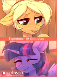 Size: 2082x2809 | Tagged: safe, artist:fensu-san, applejack, twilight sparkle, alicorn, anthro, g4, advertisement, blushing, cute, female, high res, hot springs, mare, patreon, patreon logo, patreon preview, paywall content, sauna, steam, twilight sparkle (alicorn), wings