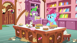 Size: 1280x720 | Tagged: safe, screencap, cup cake, spike, dragon, earth pony, pony, g4, the big mac question, apple, claws, cupcake, female, flying, food, kitchen, male, mare, messy kitchen, pie, toes, winged spike, wings