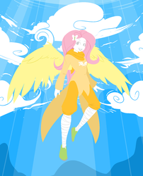 Size: 1400x1730 | Tagged: safe, artist:reiduran, fluttershy, human, g4, clothes, cloud, female, flying, god tier, hero of hope, homestuck, humanized, looking at you, solo, winged humanization, wings