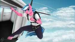 Size: 1920x1080 | Tagged: safe, artist:obscuredragone, oc, oc:chasing dawn, pegasus, anthro, blue sky, call me maybe, freedom, happy, parachute, photo, plane, ready to jump, sky, skydiving, smiling, solo, sports, tight clothing, white shirt