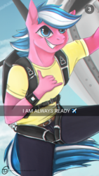 Size: 524x931 | Tagged: safe, artist:obscuredragone, oc, oc:chasing dawn, pegasus, anthro, blue mane, handsome, happy, mane, parachute, photo, pink, plane, skydiving, smiling, snapchat, snaphorse, solo, yellow shirt