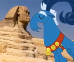 Size: 600x500 | Tagged: safe, screencap, grogar, sheep, the most evil q&a ever, g4, egypt, eyes closed, forced perspective, kissing, male, ram, solo, sphinx (landmark)