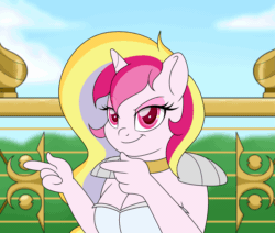 Size: 3585x3038 | Tagged: safe, artist:raspberrystudios, oc, oc only, oc:aurelia charm, oc:aureliacharm, alicorn, anthro, alicorn oc, animated, armor, bouncing, bouncing breasts, breasts, frame by frame, gif, high res, jewelry, multicolored mane, necklace, rikka's finger spin, smug