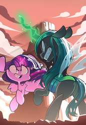 Size: 1058x1534 | Tagged: safe, alternate version, artist:sourspot, queen chrysalis, twilight sparkle, alicorn, changeling, changeling queen, pony, g4, angry, cover, female, fight, glowing horn, gritted teeth, horn, smiling, twilight sparkle (alicorn)