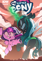 Size: 1058x1534 | Tagged: safe, alternate version, artist:sourspot, idw, queen chrysalis, twilight sparkle, alicorn, changeling, changeling queen, pony, g4, angry, cover, female, fight, glowing horn, good vs evil, gritted teeth, horn, smiling, twilight sparkle (alicorn)