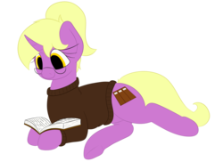 Size: 2750x2000 | Tagged: safe, artist:yannerino, oc, oc only, oc:melissa, pony, unicorn, book, clothes, glasses, high res, on side, ponytail, reading, simple background, sweater, transparent background