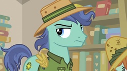 Size: 1920x1080 | Tagged: safe, screencap, compass course, peach fuzz, earth pony, pony, daring doubt, g4, book, bookshelf, clothes, cosplay, costume, female, filly, male, solo focus, stallion