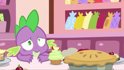 Size: 1280x720 | Tagged: safe, screencap, spike, dragon, g4, the big mac question, claws, cupcake, fangs, food, male, pie, winged spike, wings