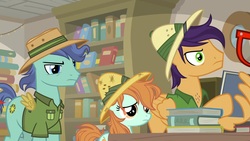 Size: 1920x1080 | Tagged: safe, screencap, a.k. yearling, compass course, endeavour, peach fuzz, earth pony, pegasus, pony, daring doubt, g4, book, bookshelf, clothes, cosplay, costume, female, filly, foal, hat, male, offscreen character, pith helmet, stallion