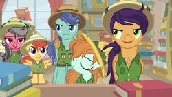 Size: 1920x1080 | Tagged: safe, screencap, compass course, endeavour, peach fuzz, rose compass, viewfinder (g4), earth pony, pegasus, pony, daring doubt, g4, background pony, book, bookshelf, clothes, cosplay, costume, female, filly, foal, hat, male, pith helmet, shirt, stallion