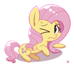 Size: 1116x1000 | Tagged: safe, artist:yinglung, fluttershy, pegasus, pony, g4, bruised, chibi, female, folded wings, mare, one eye closed, pain, simple background, solo, teary eyes, transparent background, wavy mouth, wings