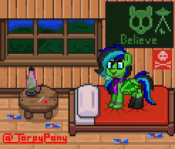 Size: 492x420 | Tagged: safe, artist:torpy-ponius, oc, oc only, oc:torpy, alien, pony, pony town, animated, aseprite, bed, energy drink, jumping, lava lamp, photoshop, pixel animation, pixel art, red bull