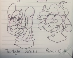Size: 1280x1018 | Tagged: safe, artist:ghoul--doodle, rainbow dash, twilight sparkle, pony, g4, bust, floppy ears, lined paper, traditional art