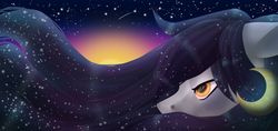 Size: 1024x484 | Tagged: safe, artist:oneiria-fylakas, oc, oc only, pony, ethereal mane, galaxy mane, moon, pony bigger than a planet, space, stars, sun