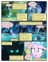 Size: 612x792 | Tagged: safe, artist:newbiespud, edit, edited screencap, screencap, silverstream, storm king, classical hippogriff, hippogriff, pony, seapony (g4), comic:friendship is dragons, g4, my little pony: the movie, what lies beneath, comic, dialogue, female, flying, glowing eyes, hiding, male, rock, scared, screencap comic, seapony silverstream, shadow, swimming, tree
