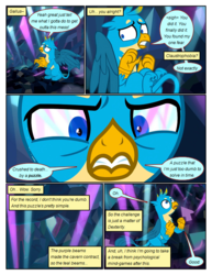 Size: 612x792 | Tagged: safe, artist:newbiespud, edit, edited screencap, screencap, gallus, griffon, pony, comic:friendship is dragons, g4, what lies beneath, claustrophobia, comic, crystal, dialogue, eye reflection, laser, looking up, male, paw pads, paws, reflection, scared, screencap comic, sweat, toe beans, underpaw