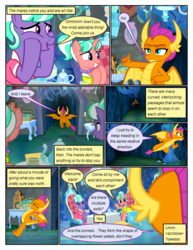 Size: 612x792 | Tagged: safe, artist:newbiespud, edit, edited screencap, screencap, smolder, stepford ponies, dragon, earth pony, pony, unicorn, comic:friendship is dragons, g4, what lies beneath, cave, chair, cheek squish, clothes, comic, cup, dialogue, dragoness, dress, eyes closed, female, flying, grin, jewelry, mare, necklace, pearl necklace, screencap comic, sitting, smiling, squishy cheeks, table, teacup, teapot, waving