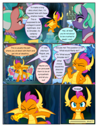 Size: 612x792 | Tagged: safe, artist:newbiespud, edit, edited screencap, screencap, smolder, stepford ponies, dragon, earth pony, pony, unicorn, comic:friendship is dragons, g4, what lies beneath, angry, cave, chair, cheek squish, clothes, comic, cup, dialogue, dragoness, dress, eyes closed, female, fire, fire breath, frown, grin, implied applejack, implied rainbow dash, jewelry, mare, necklace, pearl necklace, screencap comic, sitting, smiling, squishy cheeks, table, teacup, teapot, waving