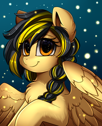 Size: 1424x1764 | Tagged: safe, artist:pridark, oc, oc only, oc:lightning chaser, pegasus, pony, bust, commission, female, looking at you, mare, portrait, smiling, snow, solo
