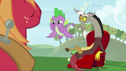 Size: 1280x720 | Tagged: safe, screencap, big macintosh, discord, spike, draconequus, dragon, earth pony, pony, g4, the big mac question, chair, claws, cute, flying, male, smiling, spikabetes, stallion, tail, winged spike, wings