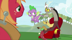 Size: 1280x720 | Tagged: safe, screencap, big macintosh, discord, spike, draconequus, dragon, earth pony, pony, g4, the big mac question, claws, male, spike is not amused, stallion, tail, unamused, winged spike, wings