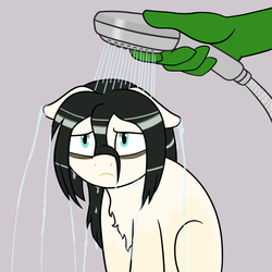 Size: 1000x1000 | Tagged: safe, artist:scraggleman, oc, oc:anon, oc:floor bored, earth pony, pony, bags under eyes, bathing, chest fluff, forced bathing, frown, sad, shower, simple background, water, wet mane