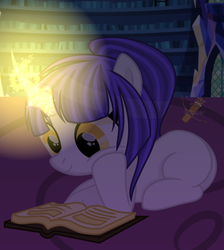 Size: 1328x1484 | Tagged: safe, artist:domina-venatricis, oc, oc only, oc:royalis shine, pony, unicorn, base used, book, female, filly, glowing horn, horn, magic, prone, reading, solo