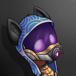 Size: 2000x2000 | Tagged: safe, artist:shido-tara, pony, quarian, armor, bust, crossover, gray background, helmet, high res, mass effect, ponified, portrait, respirator, simple background, solo, watching in camera