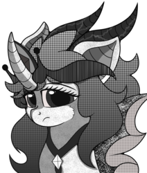 Size: 1432x1688 | Tagged: safe, artist:rainbowtashie, oc, oc only, oc:ebonyshadow, pony, bust, crown, female, jewelry, mare, modern art, monochrome, necklace, pop art, regalia, simple background, solo