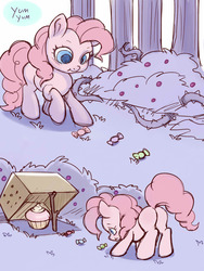 Size: 1200x1600 | Tagged: safe, artist:noupie, pinkie pie, earth pony, pony, g4, aweeg*, box, bush, candy, cardboard box, colored pupils, cupcake, cute, diapinkes, digital art, female, food, mare, ooh a piece of candy, solo, stick, trap (device)