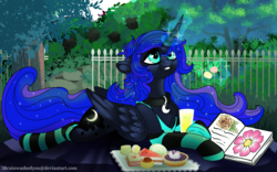 Size: 1920x1200 | Tagged: safe, artist:brainiac, princess luna, alicorn, pony, g4, book, cake, chest fluff, clothes, collar, cute, female, fence, floppy ears, food, garden, lunabetes, magic, magic aura, mare, pie, socks, solo, striped socks, tree, whipped cream