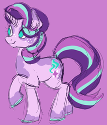 Size: 850x1000 | Tagged: safe, artist:trinoids, starlight glimmer, pony, unicorn, g4, colored sketch, doodle, female, freckles, mare, no pupils, purple background, raised hoof, simple background, sketch, solo