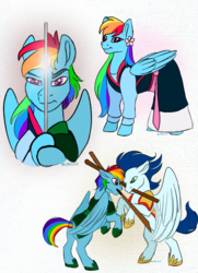 Size: 2094x2900 | Tagged: safe, artist:bella-pink-savage, rainbow dash, soarin', pegasus, pony, g4, clothes, dress, female, fight, flower, flower in hair, high res, hoof shoes, li shang, male, mouth hold, mulan, rearing, ship:soarindash, shipping, stallion, straight, sword, weapon