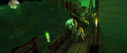Size: 5120x2160 | Tagged: safe, artist:jerryenderby, oc, oc only, earth pony, ghost, pegasus, pony, bridge, candle, duo, flying, fog, forest, halloween, holiday, minecraft, moon, render, saddle bag, tree, ych result