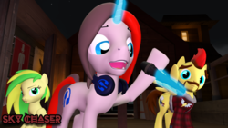 Size: 1920x1080 | Tagged: safe, artist:sky chaser, oc, oc only, oc:mic the microphone, oc:sky chaser, oc:wooden toaster, pegasus, pony, unicorn, 3d, beard, clothes, eyebrows, facial hair, headphones, jacket, magic, microphone, source filmmaker