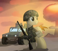 Size: 3000x2600 | Tagged: safe, artist:pizzamovies, oc, oc:pizzamovies, earth pony, pony, assault rifle, camouflage, clothes, cold war, gun, high res, hmmwv, humvee, implied death, m16, m16a2, male, mushroom cloud, nuclear explosion, rifle, uniform, vehicle, weapon