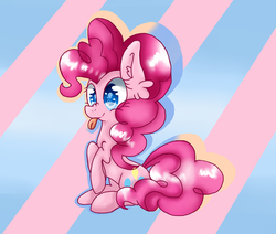 Size: 994x843 | Tagged: safe, artist:miraflower, pinkie pie, earth pony, pony, g4, :p, abstract background, colored pupils, cute, cutie mark eyes, diapinkes, ear fluff, female, mare, nose wrinkle, sitting, solo, tongue out, wingding eyes