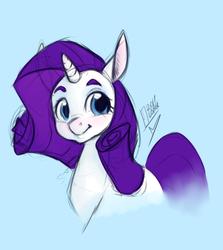 Size: 1024x1146 | Tagged: safe, artist:thatweirdpigeonlady, rarity, pony, unicorn, g4, blue background, cute, female, mare, raribetes, simple background, sketch, smiling, solo