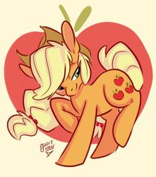 Size: 1024x1157 | Tagged: safe, artist:thatweirdpigeonlady, applejack, earth pony, pony, g4, abstract background, apple, cowboy hat, cute, female, food, hat, jackabetes, long ears, looking back, mare, solo