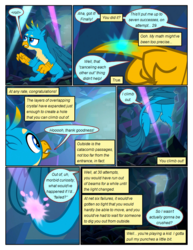 Size: 612x792 | Tagged: safe, artist:newbiespud, edit, edited screencap, screencap, gallus, griffon, pony, comic:friendship is dragons, g4, what lies beneath, cave, climbing, comic, crystal, dialogue, frown, laser, looking up, male, paws, screencap comic, tail