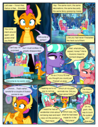 Size: 612x792 | Tagged: safe, artist:newbiespud, edit, edited screencap, screencap, smolder, stepford ponies, dragon, earth pony, pony, unicorn, comic:friendship is dragons, g4, what lies beneath, cave, chair, cheek squish, clothes, comic, crystal, cup, dialogue, dragoness, dress, eyes closed, female, grin, jewelry, mare, necklace, pearl necklace, screencap comic, sitting, smiling, squishy cheeks, surprised, table, teacup, teapot, waving