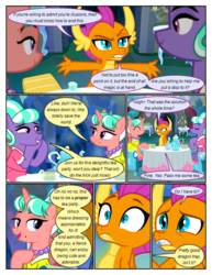 Size: 612x792 | Tagged: safe, artist:newbiespud, edit, edited screencap, screencap, smolder, stepford ponies, dragon, earth pony, pony, unicorn, comic:friendship is dragons, g4, what lies beneath, cave, chair, cheek squish, clothes, comic, crystal, cup, dialogue, dragoness, dress, eyes closed, female, grin, jewelry, mare, necklace, pearl necklace, screencap comic, sigh, sitting, smiling, squishy cheeks, surprised, table, teacup, teapot, waving