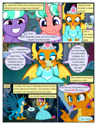 Size: 612x792 | Tagged: safe, artist:newbiespud, edit, edited screencap, screencap, gallus, smolder, stepford ponies, dragon, earth pony, griffon, pony, unicorn, comic:friendship is dragons, g4, what lies beneath, cave, clothes, comic, crystal, cup, dialogue, dragoness, dress, duckface, eyes closed, female, gallus the rooster, grin, hoof hold, jewelry, lipstick, male, mare, necklace, pearl necklace, princess smolder, screencap comic, smiling, surprised, teacup, tiara, waving