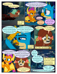 Size: 612x792 | Tagged: safe, artist:newbiespud, edit, edited screencap, screencap, gallus, smolder, yona, dragon, griffon, pony, spider, yak, comic:friendship is dragons, g4, what lies beneath, bow, cave, comic, crossed arms, crystal, dialogue, dragoness, female, grin, hair bow, hoof hold, implied twilight sparkle, looking down, male, running, screencap comic, smiling, unamused
