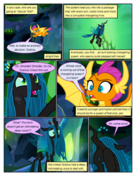 Size: 612x792 | Tagged: safe, artist:newbiespud, edit, edited screencap, screencap, ocellus, queen chrysalis, smolder, changeling, changeling queen, dragon, goo, pony, comic:friendship is dragons, g4, cave, comic, confused, corrupted, crystal, dialogue, dragoness, evil grin, facehoof, female, flying, grin, raised hoof, screencap comic, smiling, spread wings, surprised, wings