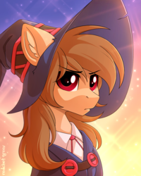 Size: 1200x1497 | Tagged: safe, artist:redchetgreen, oc, oc only, oc:fun fact, earth pony, pony, clothes, female, hat, mare, red eyes, solo, unamused, witch hat
