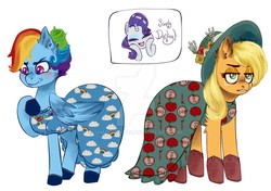 Size: 1280x899 | Tagged: safe, artist:shadowstar, applejack, rainbow dash, rarity, pony, g4, and then there's rarity, applejack also dresses in style, blushing, clothes, darling, deviantart watermark, dress, hat, lost bet, makeover, obtrusive watermark, rainbow dash always dresses in style, signature, simple background, unamused, watermark, white background