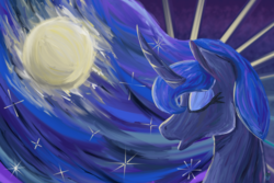 Size: 4500x3000 | Tagged: safe, artist:eillahwolf, princess luna, pony, g4, bust, digital painting, ethereal mane, eyes closed, female, full moon, moon, night, portrait, solo