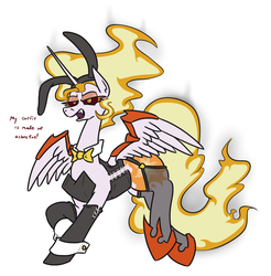 Size: 1035x1050 | Tagged: safe, artist:jargon scott, daybreaker, alicorn, pony, g4, asbestos, bunny ears, bunny suit, clothes, cuffs (clothes), dialogue, female, poor life choices, simple background, smoke, solo, this will end in cancer, this will end in mesothelioma, white background